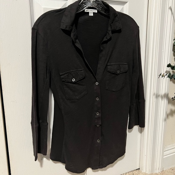James Perse Sheer Slub Side Panel Shirt In Carbon, 1/Small - Picture 8 of 10
